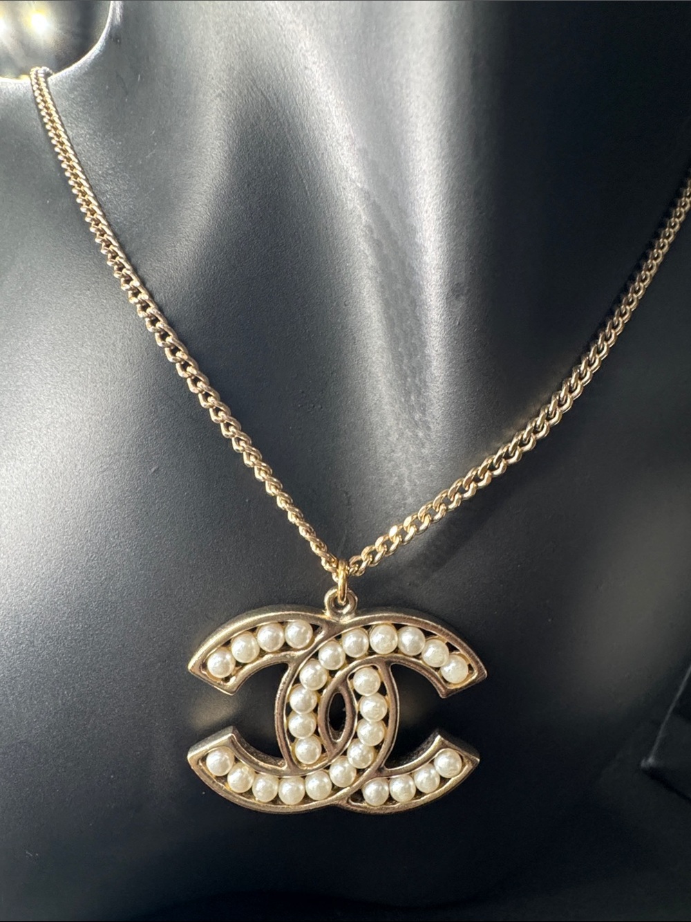 CHANEL Goldtone Pearl CC Logo Pendant Necklace